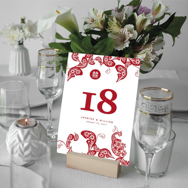 Red Floral Paisley Peacock Elegant Chinese Wedding Table Number (Creator Uploaded)