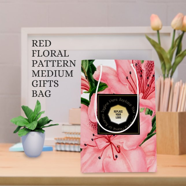 Red Floral Pattern Add Your Business Name & Logo Medium Gift Bag (Creator Uploaded)