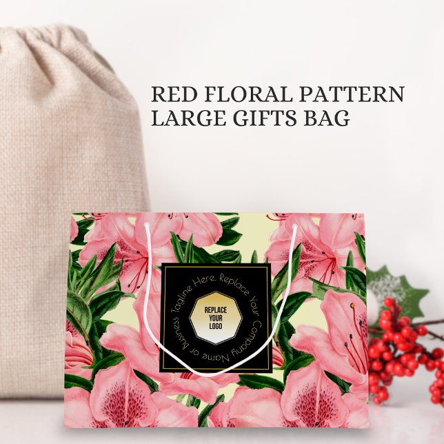 Red Floral Pattern Custom Name Business Logo Large Gift Bag (Creator Uploaded)