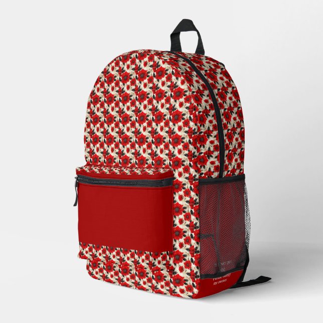 Red floral pattern custom name printed backpack (Back Corner Right)