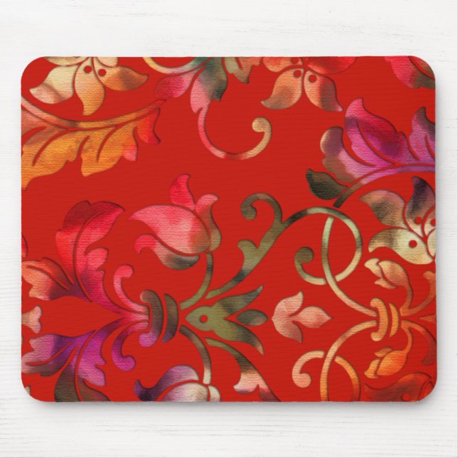 Red Floral Pattern Damask Mouse Pad (Front)