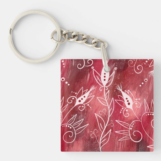 Red Floral Pattern Key Ring (Front)