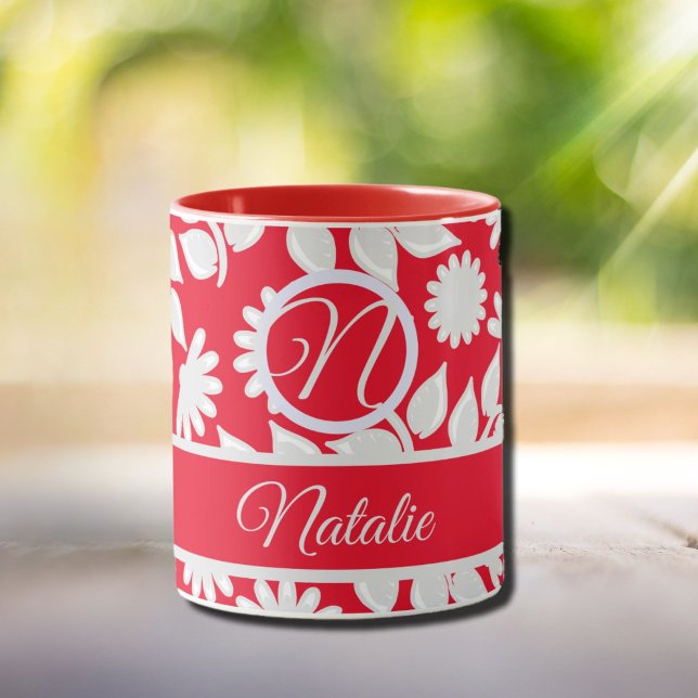Red floral pattern  - monogrammed mug (Creator Uploaded)