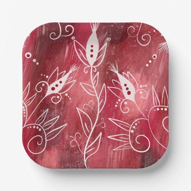 Red Floral Pattern Paper Plate (Front)