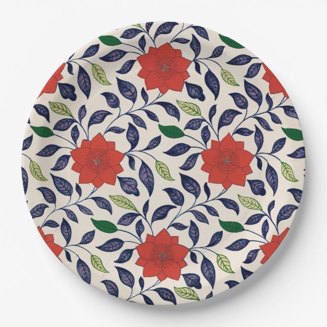 Red Floral Pattern Paper Plate (Front)