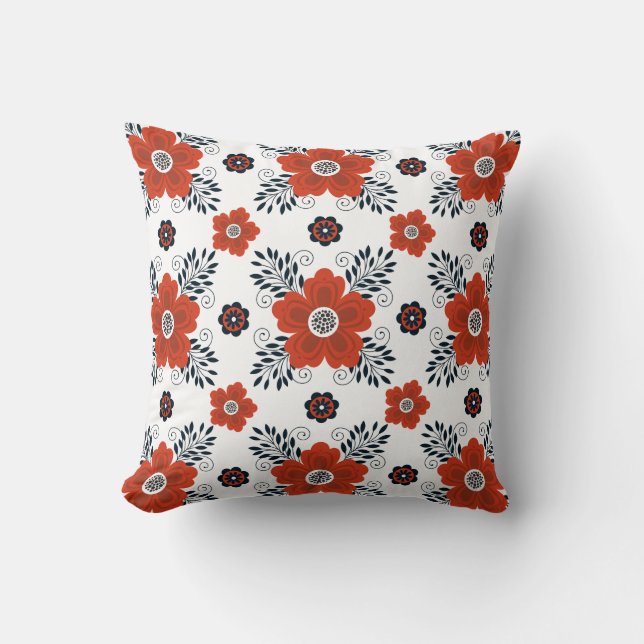 Red Floral Pattern Throw Pillow (Front)