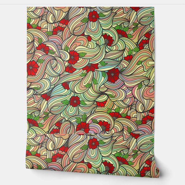 Red Floral Pattern with Colourful Soft Wavy Lines  Wallpaper (Unrolling)
