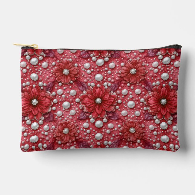 Red Floral Pattern With Pearl Accents Accessory Pouch (Front)