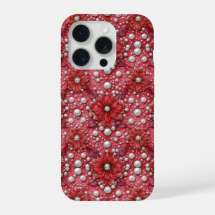 Red Floral Pattern With Pearl Accents iPhone 15 Pro Case