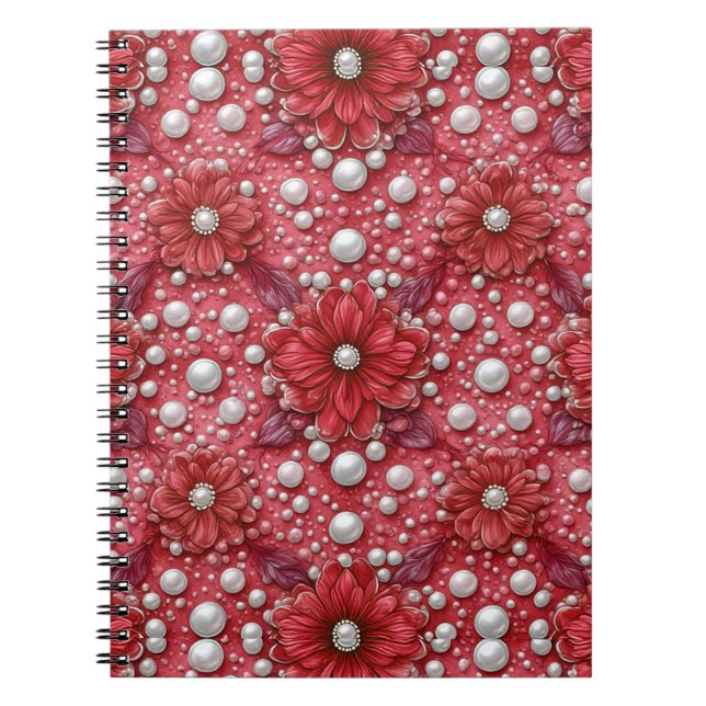 Red Floral Pattern With Pearl Accents Notebook (Front)