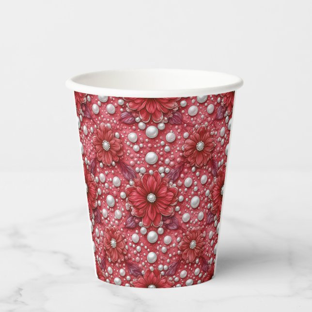 Red Floral Pattern With Pearl Accents Paper Cups (Front)