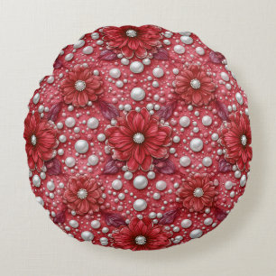 Red Floral Pattern With Pearl Accents Round Cushion