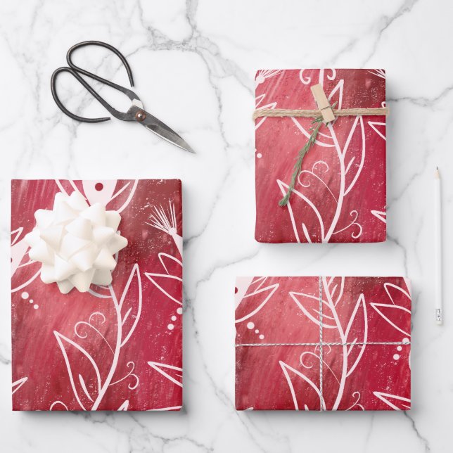 Red Floral Pattern Wrapping Paper Sheet (Front)