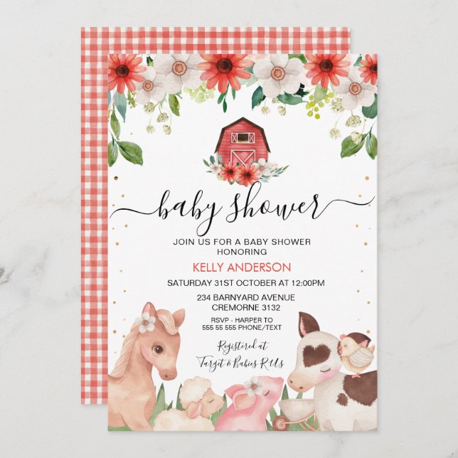 Red Floral Plaid Farm Animals Baby Shower Invitation (Front/Back)