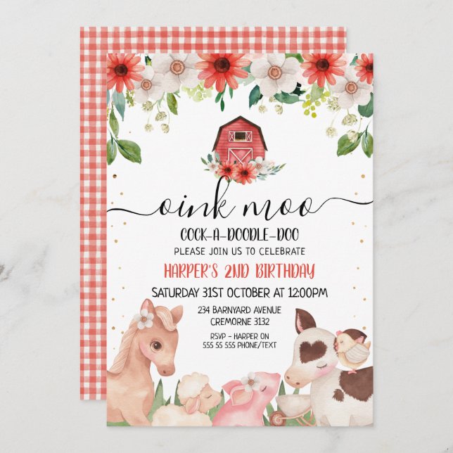 Red Floral Plaid Farm Animals Birthday Invitation (Front/Back)