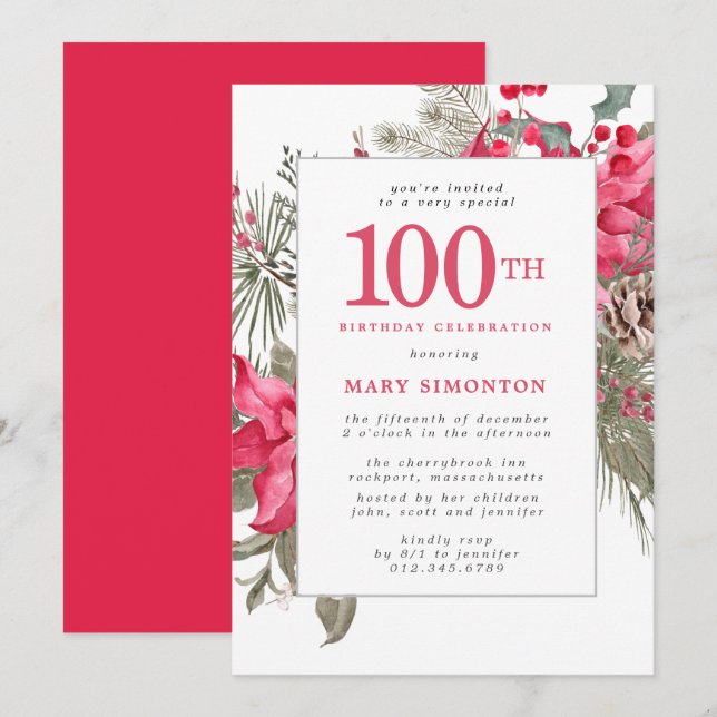 Red Floral Poinsettia 100th Birthday Party Invitat Invitation (Front/Back)