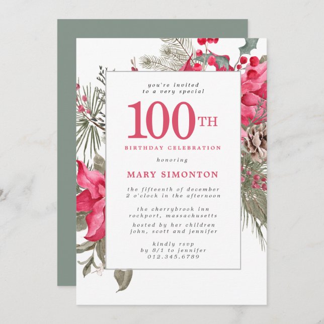 Red Floral Poinsettia 100th Birthday Party Invitation (Front/Back)