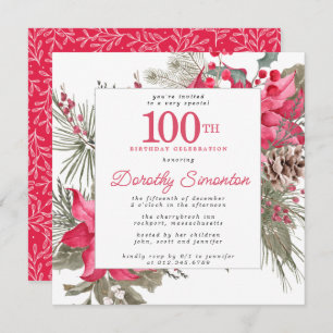 Red Floral Poinsettia 100th Birthday Party Square Invitation