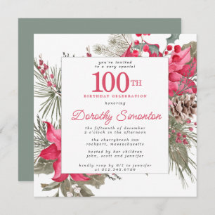 Red Floral Poinsettia 100th Birthday Party Square Invitation