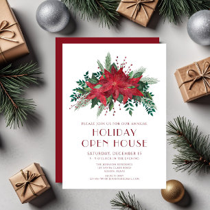Red Floral Poinsettia Christmas Open House Party Invitation