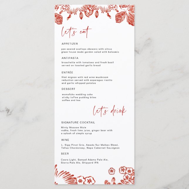 Red Floral Portugal Ceramic | Wedding  Menu (Front)