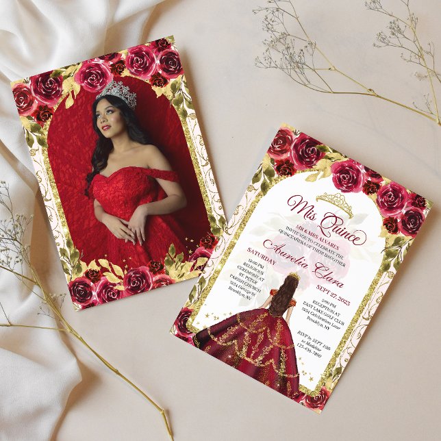 Red Floral Princess Gold Arch Photo Quinceanera Invitation (Creator Uploaded)