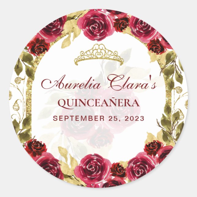 Red Floral Princess Gold Arch Quinceanera Classic Round Sticker (Front)