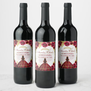 Red Floral Princess Gold Arch Quinceanera Wine Label