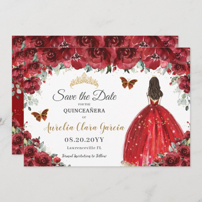 Red Floral Princess Gold Quinceañera Save the Date (Front/Back)