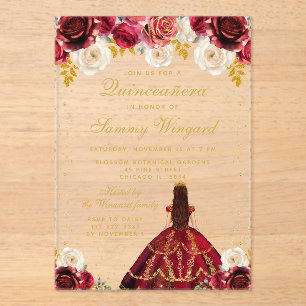 Red Floral Princess Quinceañera Acrylic Invitations