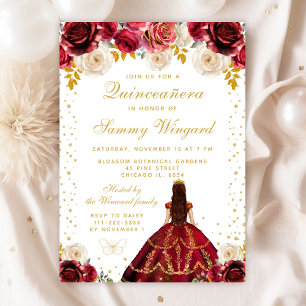 Red Floral Princess Quinceañera Invitation