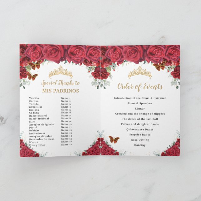 Red Floral Princess Quinceañera Order of Events Program (Inside)