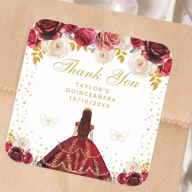 Red Floral Princess Quinceañera Square Sticker (Creator Uploaded)