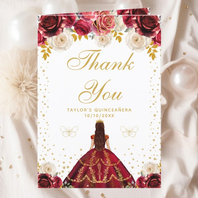 Red Floral Princess Quinceañera Thank You Card (Creator Uploaded)