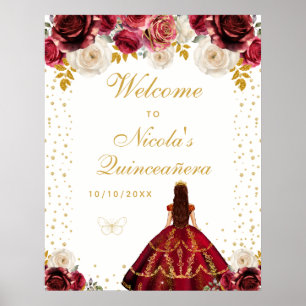 Red Floral Princess Quinceañera Welcome Poster