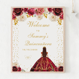 Red Floral Princess Quinceañera Welcome Poster