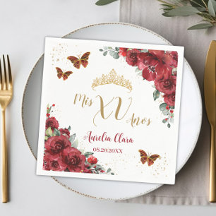 Red Floral Quinceanera Birthday Gold Butterflies Napkin