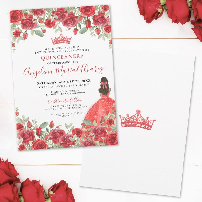 Red Floral Quinceanera Invitation (Elegant Red Floral Quinceanera Invitation)
