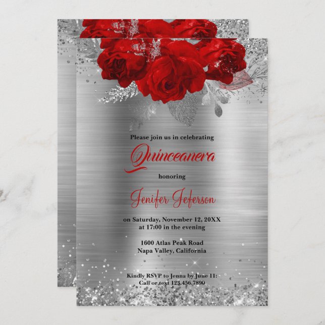 Red floral Quinceanera Invitation (Front/Back)