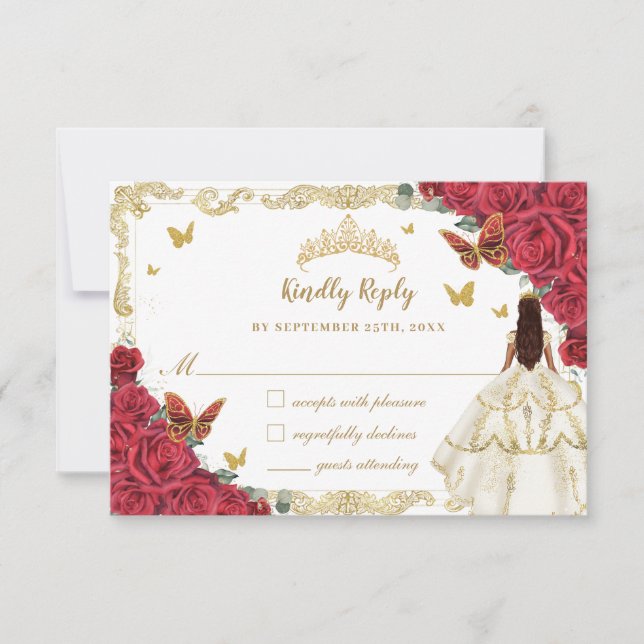 Red Floral Quinceañera Ivory White Dress Princess  RSVP Card (Front)