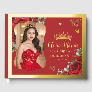 Red Floral Quinceanera Mis 15 Anos Sweet 16 Photo Guest Book