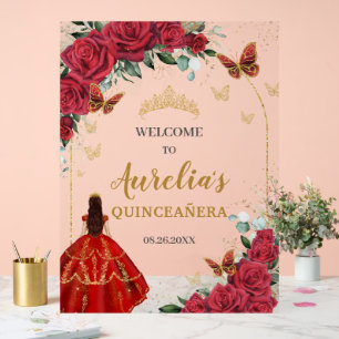 Red Floral Quinceañera Princess Gold Butterflies Acrylic Sign