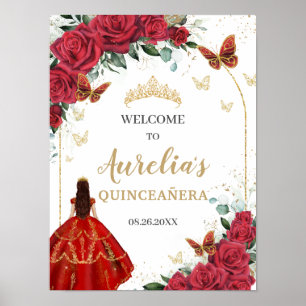 Red Floral Quinceañera Princess Gold Butterflies Poster