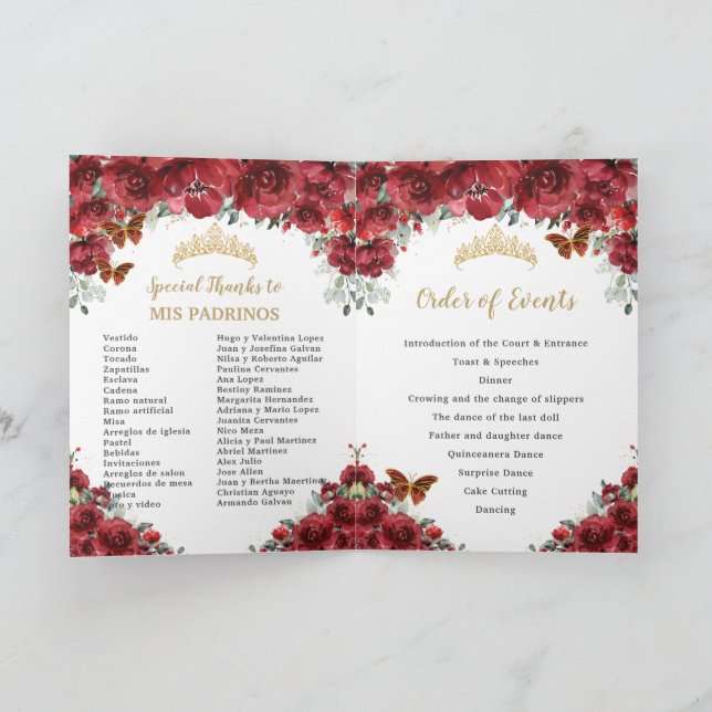 Red Floral Quinceanera Princess Padrinos Events  Program (Inside)