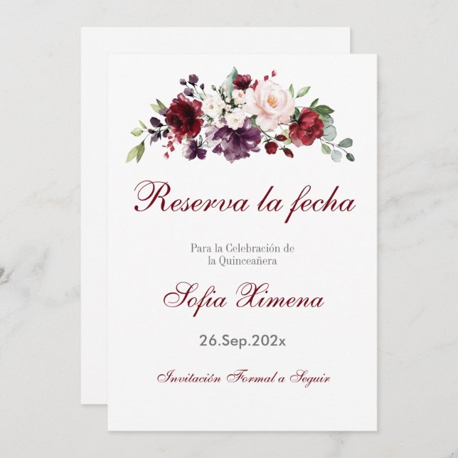 Red Floral Quinceanera Save The Date (Front/Back)