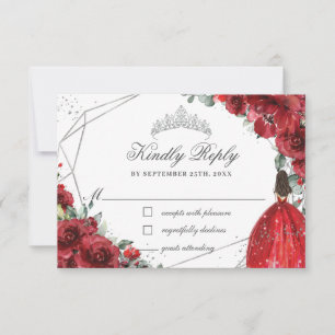 Red Floral Quinceañera Silver Tiara Princess Dress RSVP Card