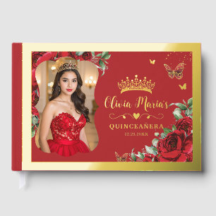 Red Floral Quinceanera Sweet 16 Birthday Photo Guest Book