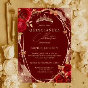 Red Floral Rose Gold Tiara Quinceanera Foil Invita