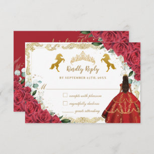 Red Floral Rose Quinceañera Charro Gold Horse Shoe RSVP Card