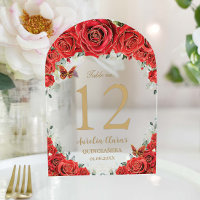 Red Floral Roses Gold Quinceañera 16 Table Number